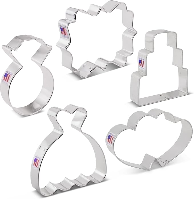 Ann Clark Cookie Cutters Wedding Cookie Cutters 5-Pc Set Made in the USA, Square Plaque, Wedding Cake, Wedding Dress, Diamond Ring, Double Heart