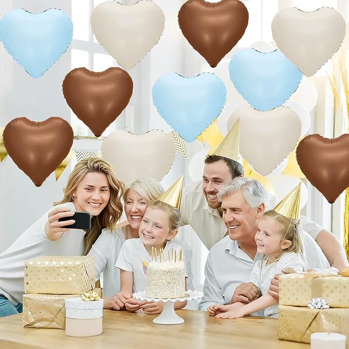 Blue Brown Heart Balloons,12Pcs 18Inch Baby Blue Coffee Brown Heart Shaped Foil Helium Polyester Film Balloons for Baby Shower Birthday Anniversary Wedding Engagement Bear Party Decorations