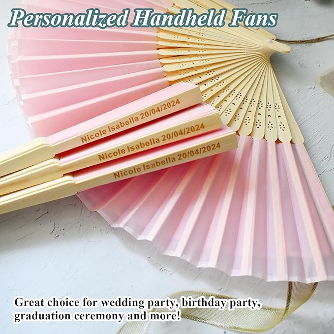 25 Sets Personalized Pink Hand Fans, Custom Engraved Folding Fans for Wedding Guests, Bamboo Folded Handheld Fan Wedding Fan Bridal Dancing Props Party Favors Bridal Shower Gifts
