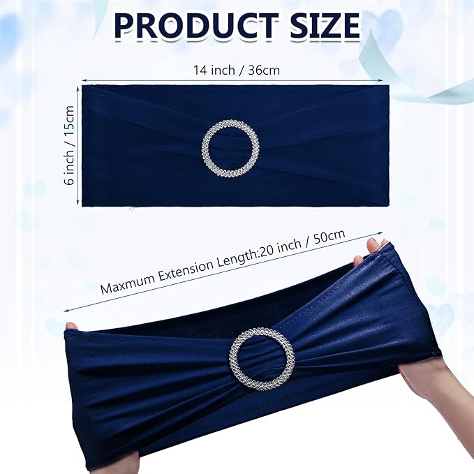 CHENGU 150 Pieces Spandex Stretch Chair Sashes Bows Elastic Chair Cover Bands Ties with Buckle Slider for Wedding Party Reception Events Universal Ceremony Banquet Decorations (Dark Blue)