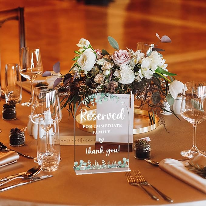 Acrylic Wedding Sign Reserved for Immediate Family Signs for Ceremony Modern Calligraphy Arch Acrylic Table Top Signs for Wedding Reception and Event Party Table Decor (Eucalyptus Leaves)