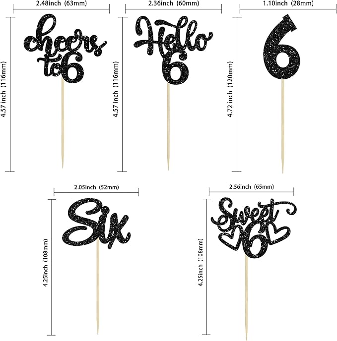 30Pcs 6th Birthday Cupcake Toppers Glitter Six Hello 6 Cupcake Picks Cheers to 6 Years Old Cake Decorations for 6th Birthday Party Supplies Black