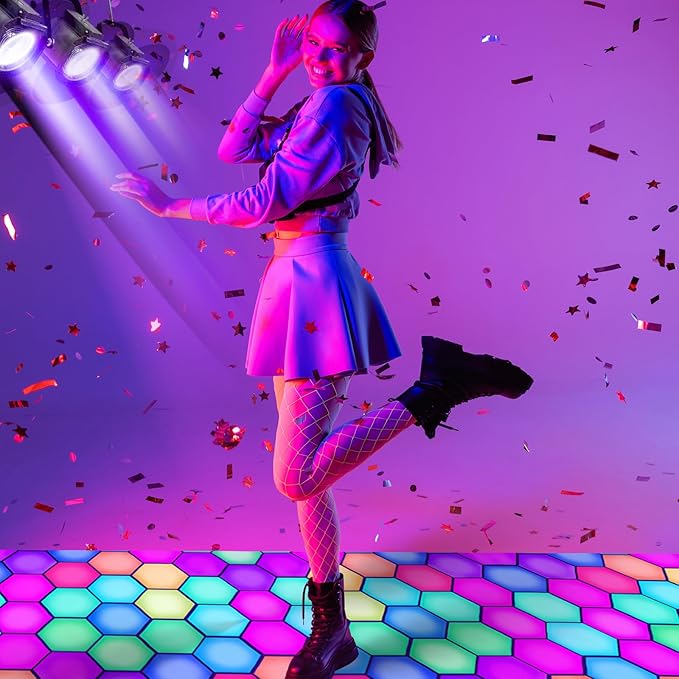 Haull 118 x 39 Inch Neon Light up Dance Floor Glow in The Dark Runner UV Reactive Blacklight Floor Aisle Runner Decor Wall Props for 80s 90s Neon Birthday Party Decorations(Hexagon)