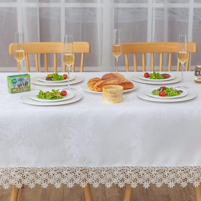 White lace Premium Rectangle Farmhouse Tablecloth Waterproof OilProof SpillProof AntiShrink Soft Wrinkle Resistant Decorative Fabric Table Cover Kitchen Dinning Party Wedding Banquet