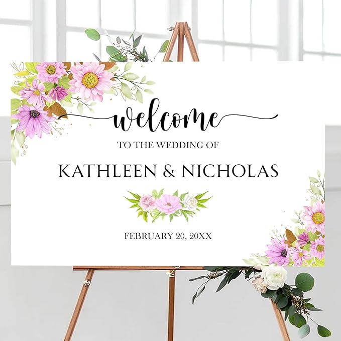Blush Pink Floral Wedding Welcome Sign Template, Editable Printable Soft Pink Sign with Watercolor Flowers, Elegant Wedding Entrance or Reception Decor