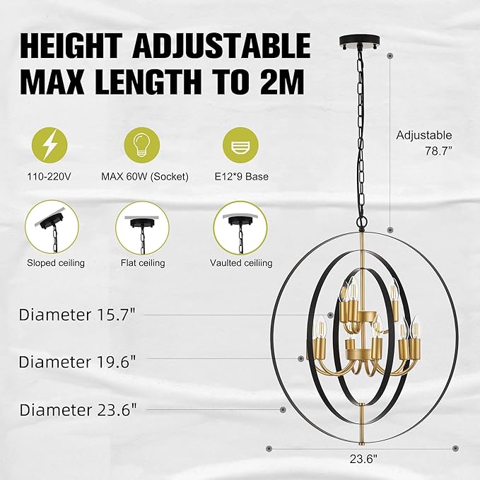 9-Light Globe Rustic Metal Chandelier, 23.6" Black Gold Adjustable Hanging Ceiling Pendant Light Fixture for Entryway Foyer Stairway Bedroom Dining Living Room Hallway