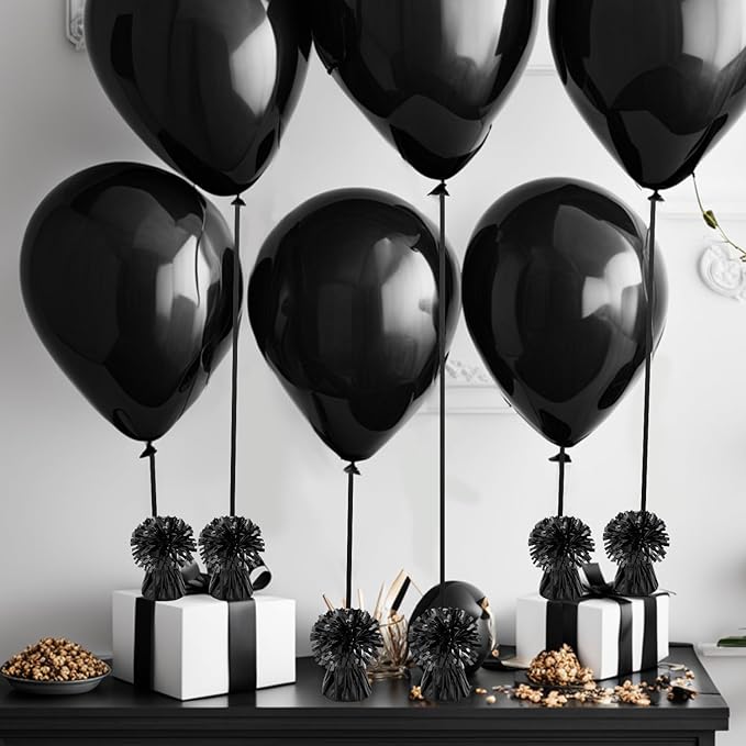 24 PCS Balloon Weights Metallic Anchor, Balloon Holder Heavy Weights with 1 Roll Black Crimped Ribbon for Balloons Table Party Favor Birthday Decor(Black)