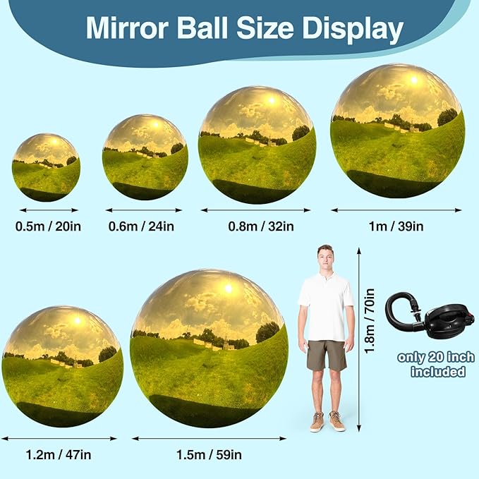 Inflatable Mirror Ball, Gold Big Shinny Balls Reusable Large PVC Disco Ball Balloon for Large Event Decoration, Party, Wedding Decor, Concerts, Stage (1 Pcs, 1m/39.4in Without Air Pump)
