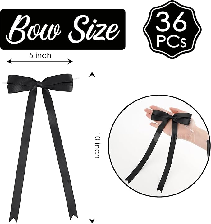 AIMUDI Black Bow 5 × 10" Satin Bow for Gift Wrapping Twist Tie Bows Premade Ribbon Bows for Bouquets Invitations Baskets Crafts Wreaths Wedding Birthday Baby Shower Party Decorations, 36 PCs