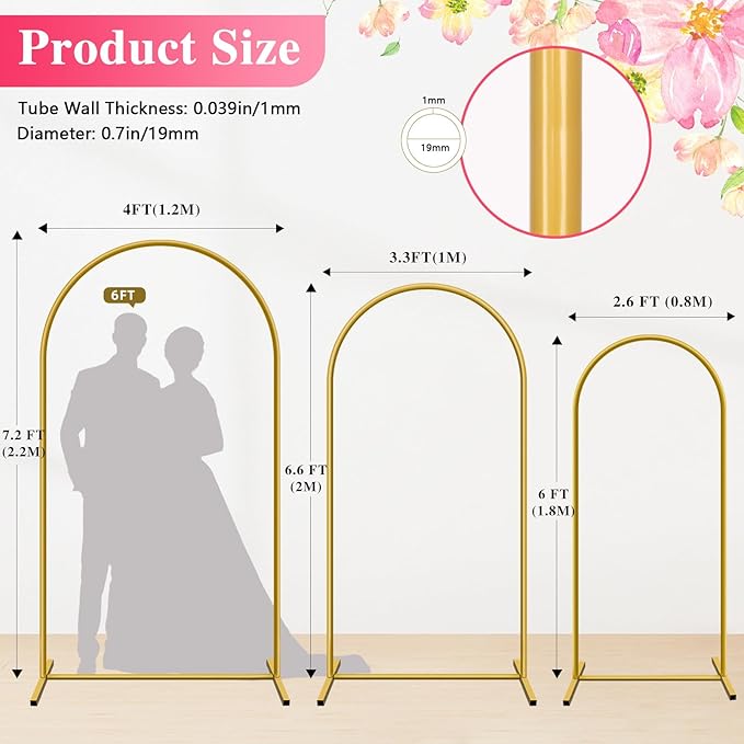Metal Arch Backdrop Stand, Set of 3 (6/6.6/7.2 ft) Wedding Arched Frame with 12 Ground Nails, Stable Arched Background Stand for Wedding, Baby Shower, Birthday Party, Photography, Gold