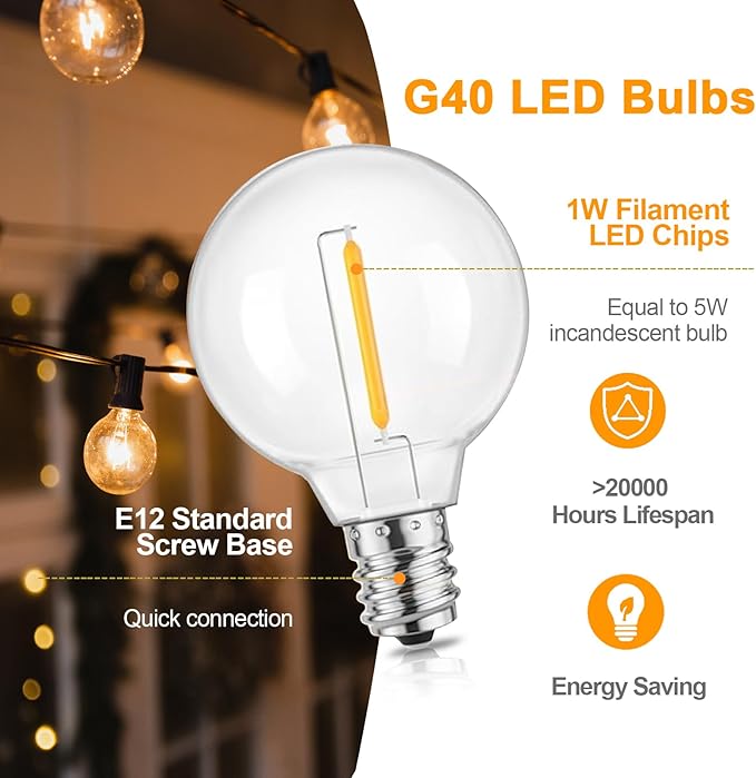 Outdoor String Lights 100FT, G40 LED Patio Lights with 52 Shatterproof Bulbs(2 Spare), All Weatherproof Hanging Lights for Outside Backyard Party Cafe Decor