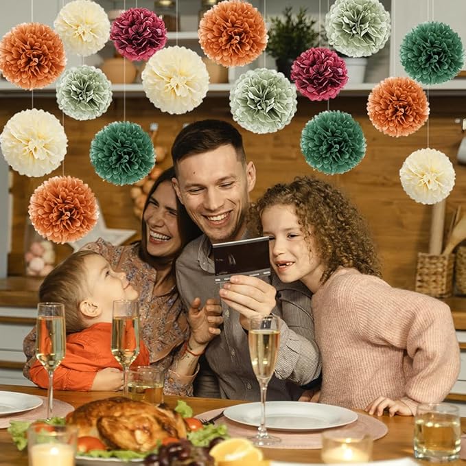 Fall Party Decorations 16pcs Orange Green Tissue Pom Pom Decorations Burgundy Sage Green Fall Decorations for Autumn Bridal Shower Baby Shower Wedding Birthday Engagement Party Decorations