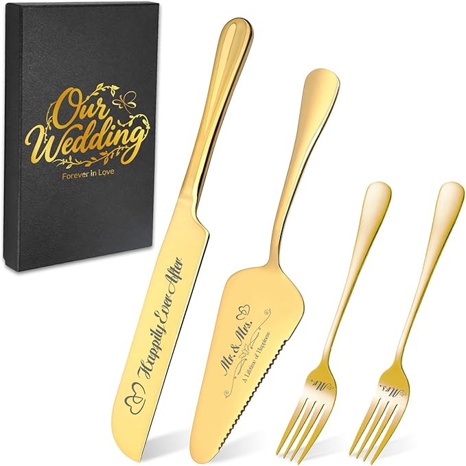 Personalized Wedding Cake Knife and Server Set, Wedding Gold Cake Cutting Set with Stainless Steel Forks, Customized Bridal Anniversary Birthday Wedding Registry Gifts for Couple (Non-customized)
