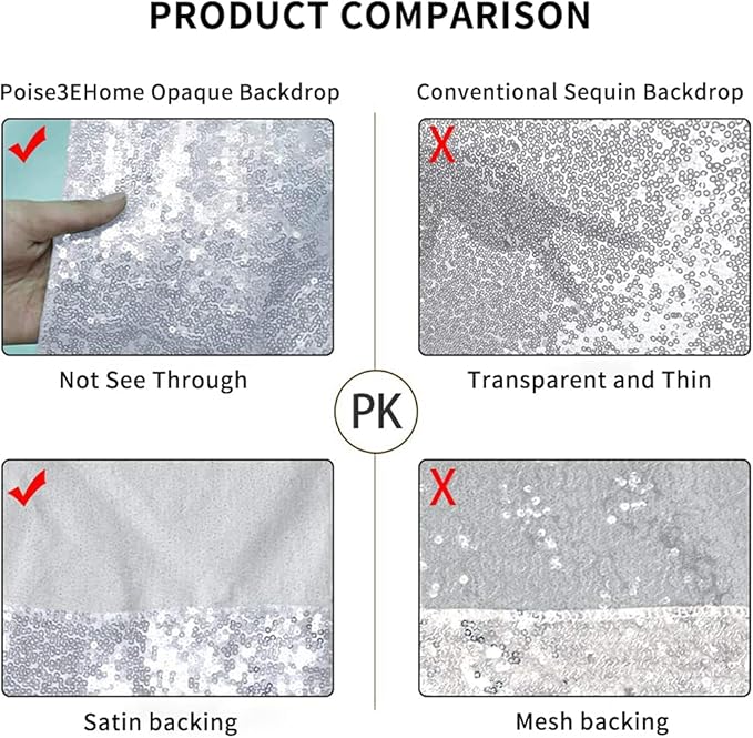 Poise3EHome 8Ft x 8Ft Silver Sequin Backdrop, Glitter Thick Satin Background Drapes, Sparkly Opaque Photography Curtain Backdrop for Wedding Party Festival Decor