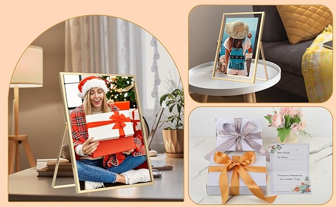 Gold 5x7'' Double Floating Frame For Photo Sizes 3.5 x5'', 4x6'',5x7''Gold Plated Metal double Photo Frames For Counter Shelf Display,Gift Choice for Wedding,Thanksgiving,Home or Office Decor.
