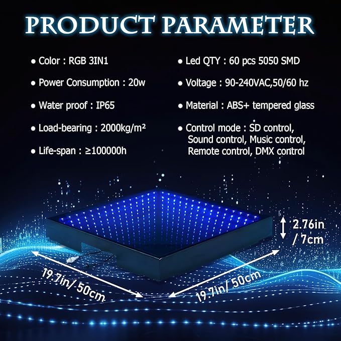 Dance Floor Stage Lights-Tempered Glass with Flight Case - RGB Color Changing Lights for Wedding, Party, Club - Non-Slip (3D -Magnetic, 8 * 8 FT)