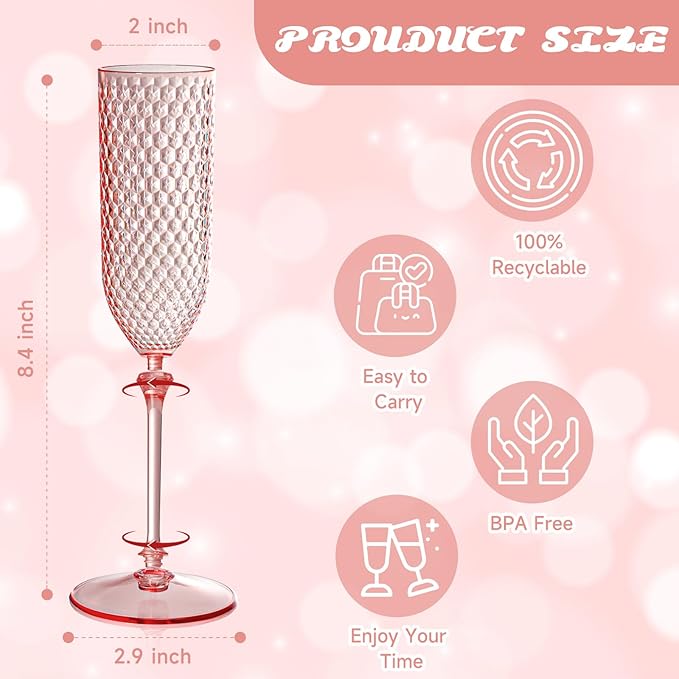 24 Pack Pink Detachable 2 piece Champagne Flutes 5.5 Oz Unbreakable Plastic Mimosa Disposable Champagne Glasses Drinking Cups Stemmed Reusable Wine Toasting Glasses for Wedding (24, Clear Pink)