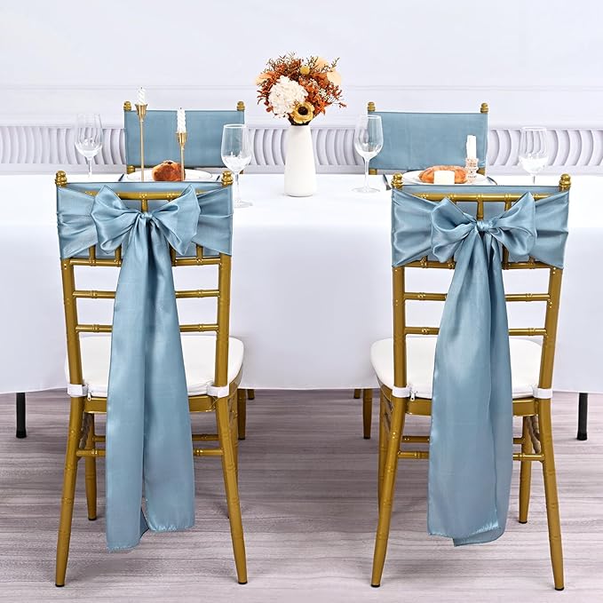 fani 60 PCS Dusty Blue Satin Chair Sashes Bows Universal Chair Cover for Wedding Reception Restaurant Event Decoration Banquet,Party,Hotel Event Decorations (7 x 108 inch)