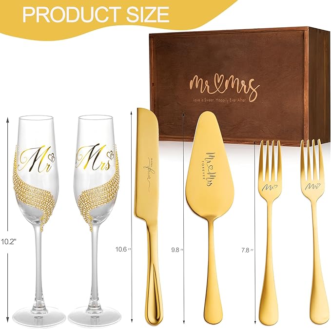 Wedding Cake Knife and Server Set, Gold Mr and Mrs Champagne Flutes and Cake Cutting Set for Wedding Bridal Shower Gifts (Gold)