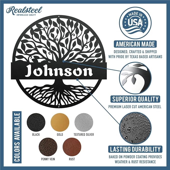 RealSteel Personalized Metal Wall Art - Custom Tree of Life Design with Family Name - Circular Metal Sign - Personalized Wedding, Anniversary, or Housewarming Gift - Black, 36"