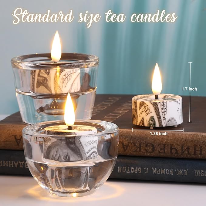 Eywamage Patriotic Flameless Tealights with Remote Batteries, Flickering US Dollar LED Tea Votive Candles Set of 12