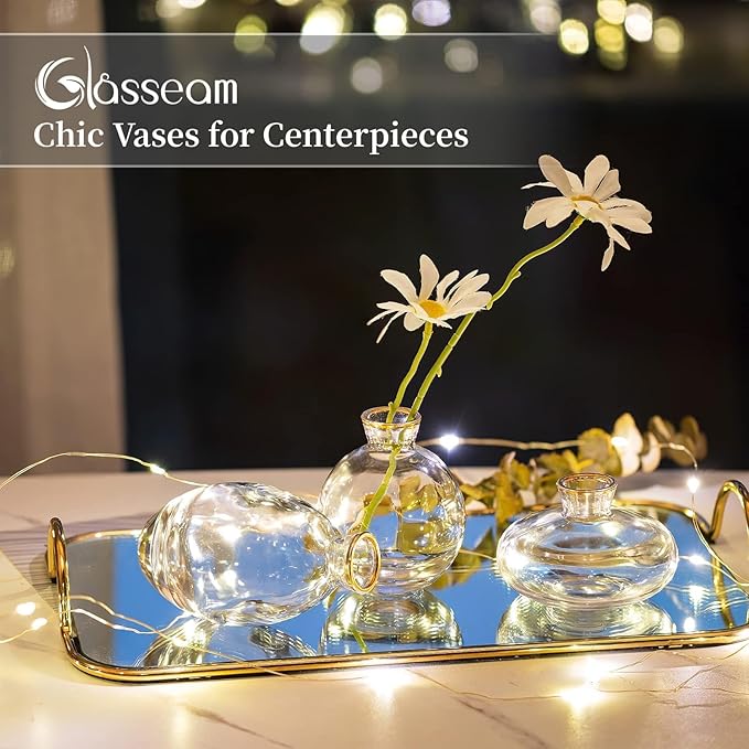 Glass Bud Vase for Centerpieces: 12Pcs Glasseam Gold Rim Mini Small Vases for Flowers Bulk Flower Vase Set Aesthetic Cute Handmade Tiny Short Wedding Table Centerpiece Decor