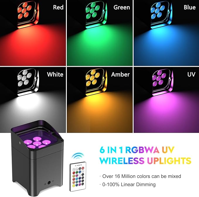 9600mAh Wireless Uplights, 6x18W RGBWA UV Rechargeable Stage Lights, APP/DMX512/Remote Controlled Par Lights, Battery Powered Uplights for Show, Party, Festival, Event， 8 Pack