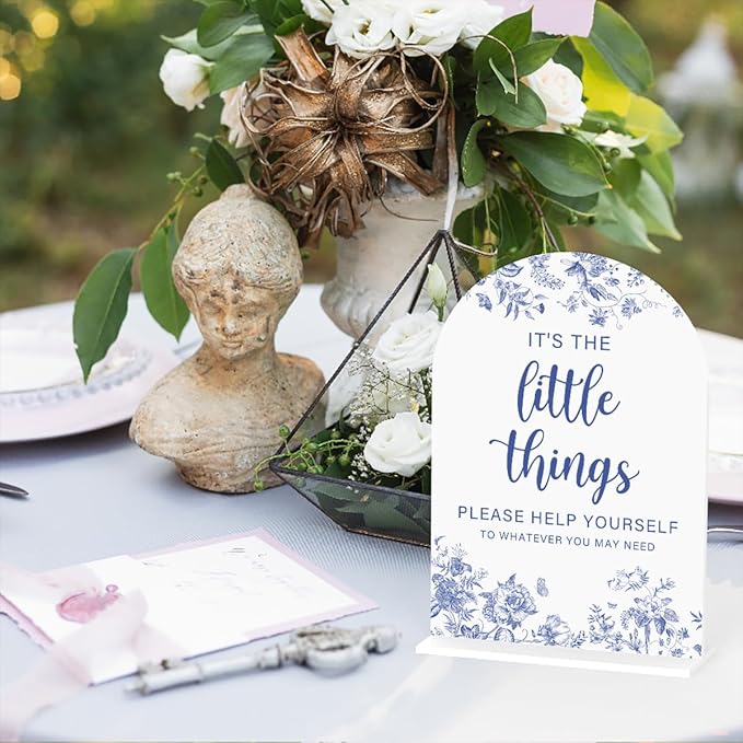 Acrylic Wedding Signs, Dusty Blue Wedding Decor, Blue Weddings Decor, Modern Calligraphy Arch Acrylic Table Top Sign for Weddings Parties Dinners - It's the Little Things (White)