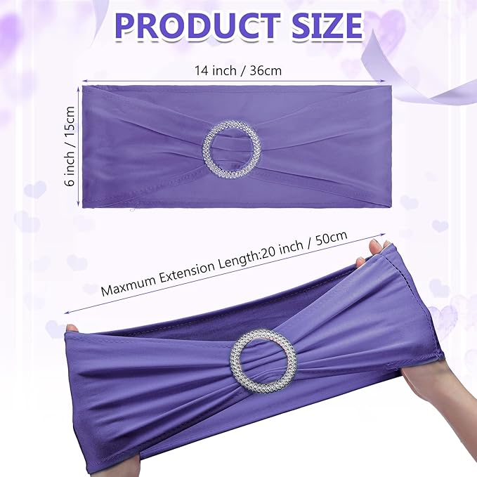 CHENGU 150 Pieces Spandex Stretch Chair Sashes Bows Elastic Chair Cover Bands Ties with Buckle Slider for Wedding Party Reception Events Universal Ceremony Banquet Decorations (Light Purple)