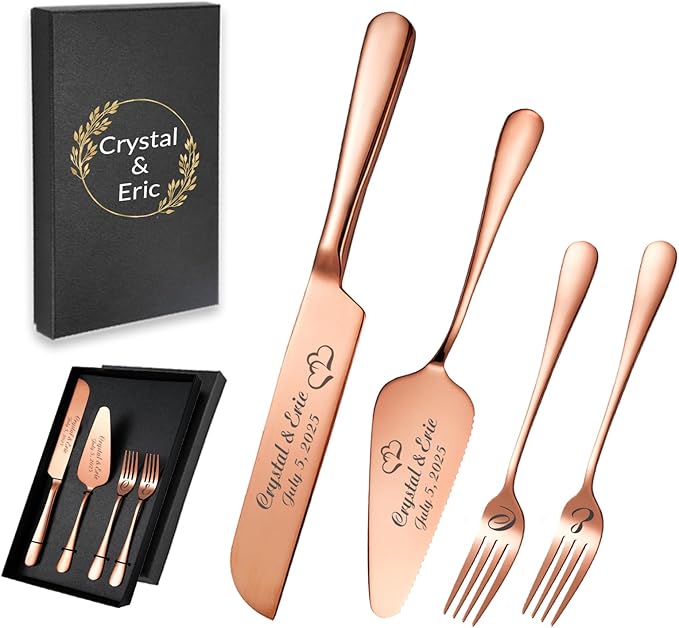 Personalized Wedding Cake Knife and Server Set, Custom Names Cake Cutting Set with Stainless Steel Forks, Customized Bridal Anniversary Birthday Wedding Registry Gifts for Couple (Rose Gold)