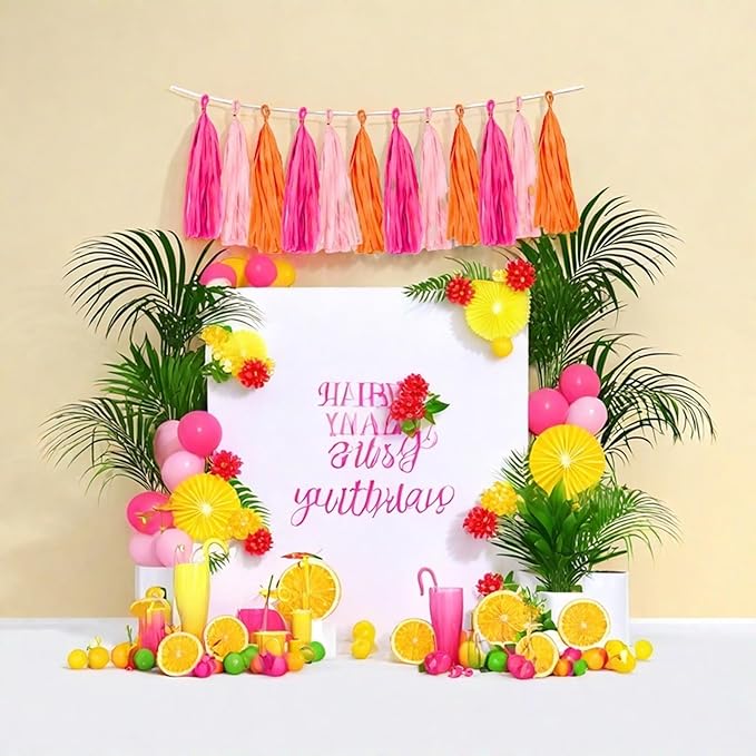Rose red Pink and Orange Tassel Garland Banner Paper Tassels for Party Decorations,Pack of 15