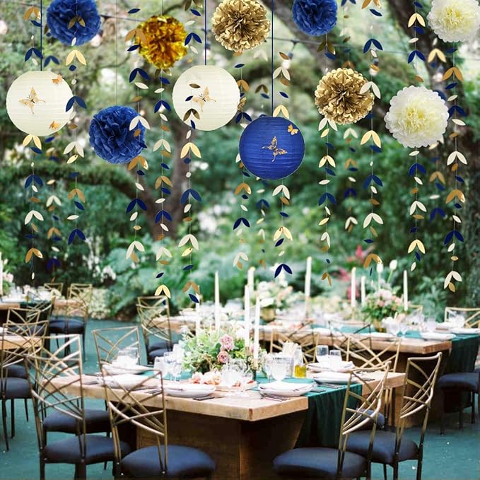 Navy Blue and Gold Party Decoration Kit Lanterns Flowers Pom Pom with Champagne Gold 3D Butterfly Stickers and Leaf Garland Streamers for Birthday Engagement Wedding Bridal Shower Bachelorette Party