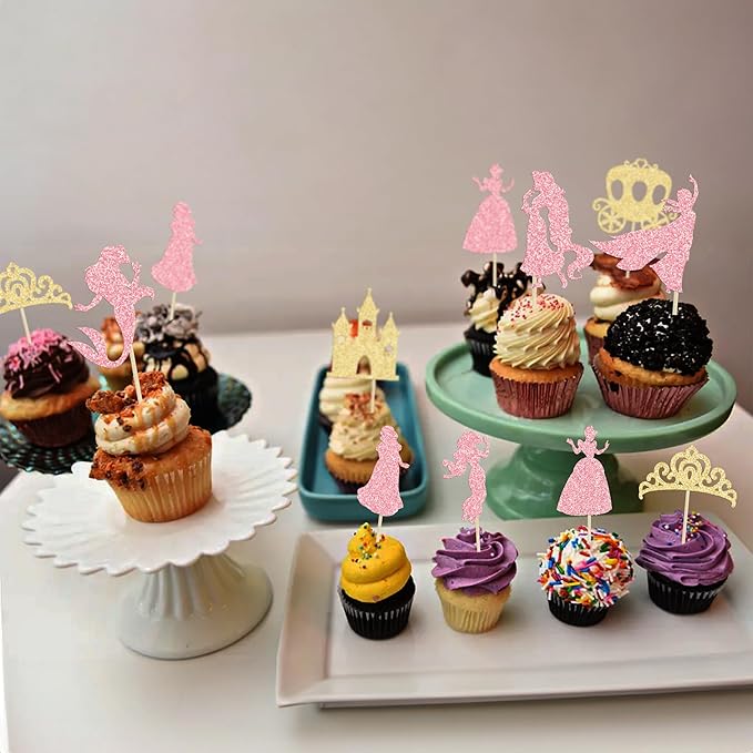 Gyufise 36Pcs Princess Cupcake Toppers Crown Castle Girl Cake Toppers Decorations Birthday Fruits Picks for Princess Girl Babyshower Theme Party Decoration