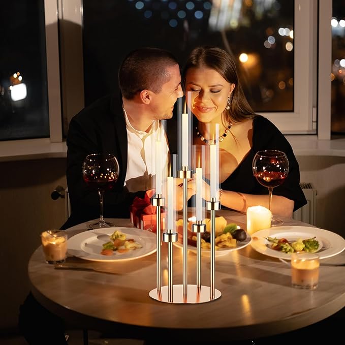 5 Arm Gold Candelabra Centerpieces for Table 4 Set Floor Candelabras Metal Candlestick for LED Candle 26'' Tall Candle Holders with Acrylic Lampshade for Wedding Party Fireplace