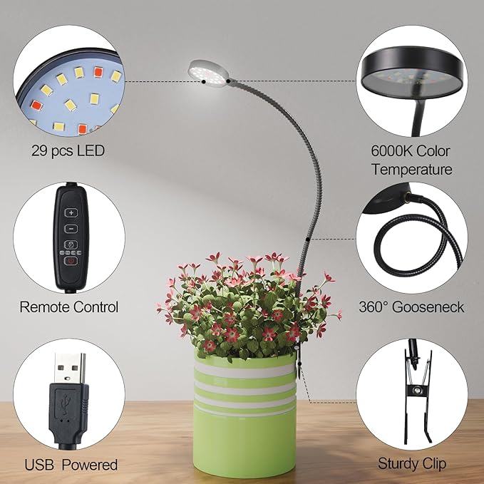 LED Plant Grow Light Clip on, Gooseneck 6000K Full Spectrum Growing Lamp for Indoor Desk Small Pots Plants, Dimmable with Timer 4 8 12 18Hrs 2 Pack