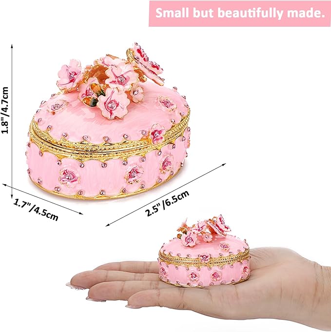 ELLDOO Enamel Flower Butterfly Trinket Box, Mini Vintage Metal Hinged Decorative Box Ring Earrings Jewelry Organizer, Keepsake Home Decor Gift Box for Women Girls, Pink