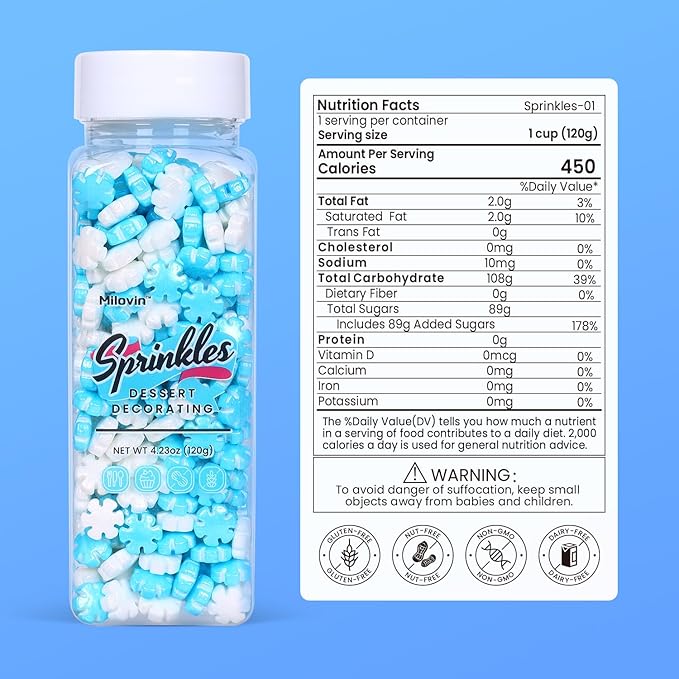 Snowflake Sprinkles Edible, Winter Sprinkles, Blue and White Snowflake Sprinkles, Frozen Sprinkles for Christmas Cookies, Cupcakes, Strawberries, Chocolate, and Ice Cream(120g/4.23oz)