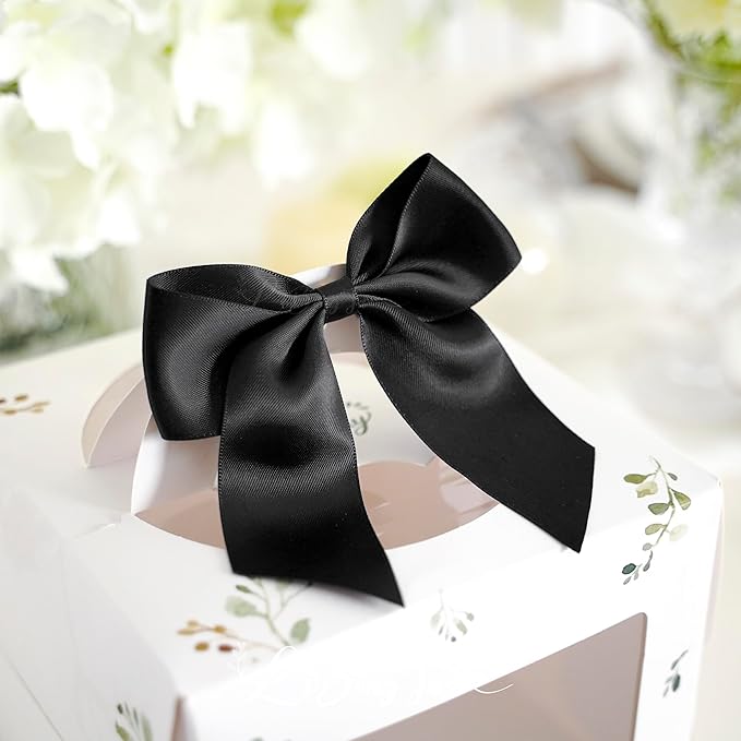 4.5" Satin Ribbon Black Bows for Gift Wrapping, Twist Tie Bows, Cute Bows for Crafts, Party Favors, Premade Bows Pre-Tied Decorative Bows for Flower Bouquets Candy Apple Bows-24 Counts