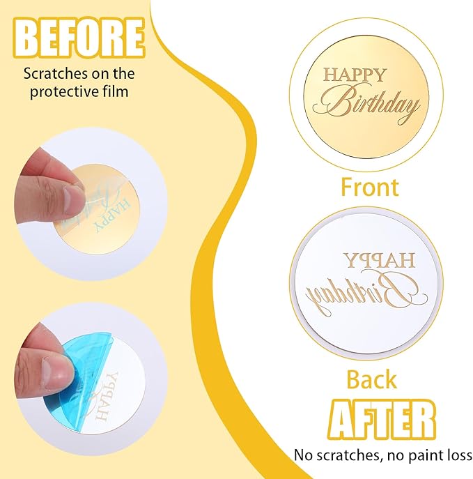 Mirror Round Cupcake Toppers Acrylic Circle Happy Birthday Cupcake Toppers, 20PCS Happy Birthday Cake Decorations, Round Engraved Cake Picks, Reusable Party Supplies, Gold
