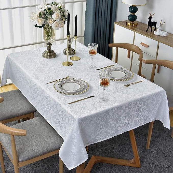 Rectangle Table Cloth - 60 x 102 Inch White Jacquard Tablecloths Damask Design Spillproof Wrinkle Resistant Shrinkproof Soft Tablecloth Polyester Oblong Table Cover for Kitchen Dinning Party Tabletop