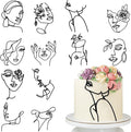 12 Pcs Acrylic Lady Face Cake Topper Minimalist Art Happy Birthday Cake Toppers Women Wedding Cake Decoration for Wedding Birthday Party (Black)