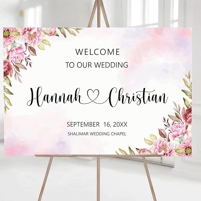 Ethereal Blush Wedding Welcome Sign Template, Editable Printable Modern Rose & Geranium Floral Sign for Ceremony or Reception, Wedding Decor Bundle
