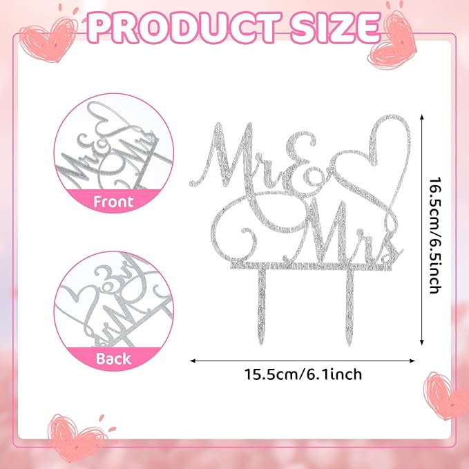 Mr and Mrs Cake Topper, Wedding Cake Toppers Bride and Groom, Wedding Cakes Decorations, Gold Acrylic Topper for Weding, Engagement, Anniversary (Silver)