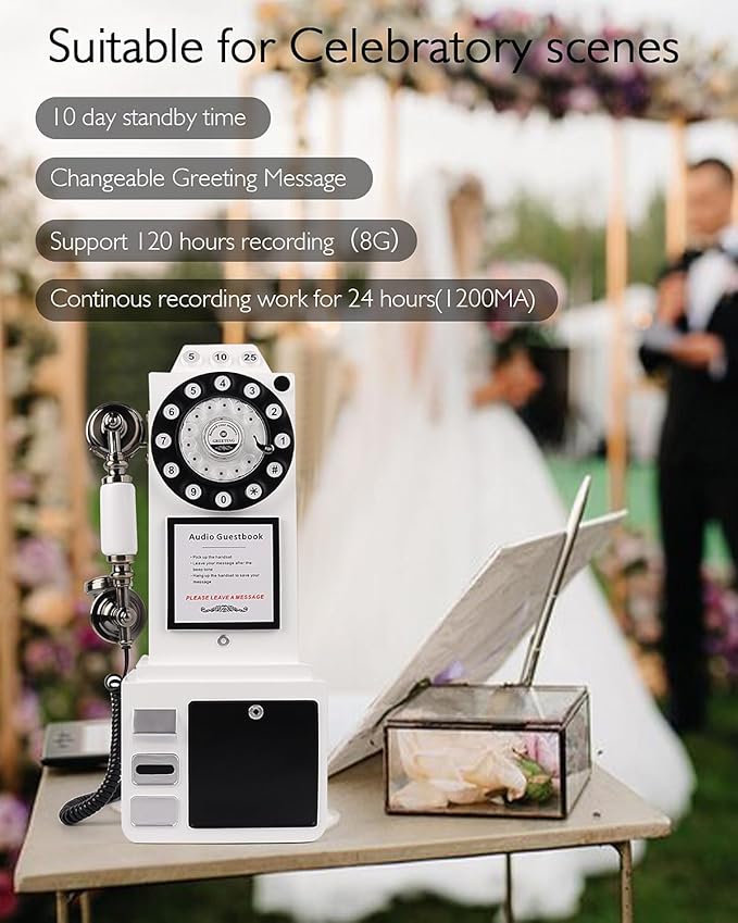 Audio Guest Book Wedding Phone with Vintage Design, Record Customized Audio Message Guest Book for Wedding, Party and Gathering, White
