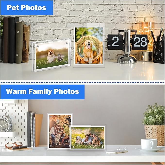 4×6 Inches Acrylic Picture Frame，Clear Magnetic Picture Frames for Wedding，Double Sided Frameless Photo Frame for Desktop Free Standing， Display Stand Picture Frame