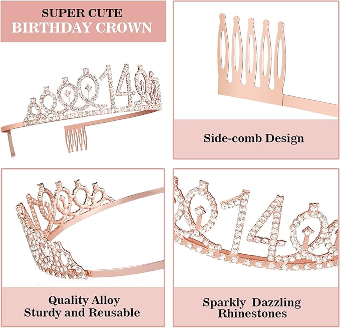 14th Birthday Decorations for Girls Including Birthday Sash and Tiara, Candles and Cake Topper, 14 Year Old Girl Decorations Gifts