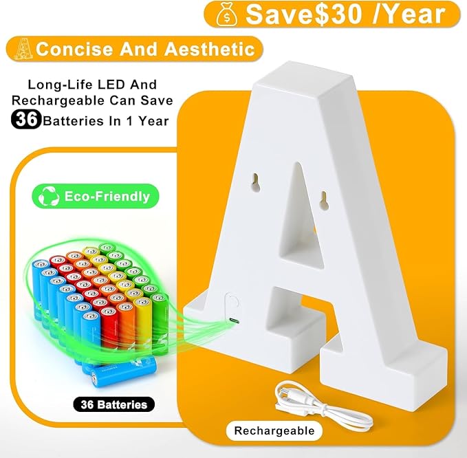 Foaky Rechargeable LED Letter Lights Sign Marquee Light Up Letters Sign for Night Light Wedding/Birthday Party Christmas Lamp Home Bar Decoration (K)