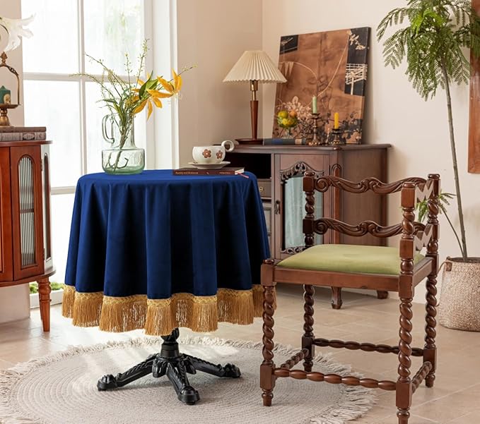 F-CHU Blue Tablecloth Thickset Velvet Tablecloth with Beautiful Gold Tassels Vintage Table Cloth for Home Decor Wedding, Party, Banquet and Events 60" Round