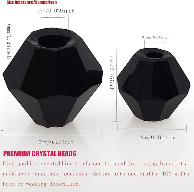 4mm Bicone 1800Pcs Black Crystal Glass Beads Small Faceted Bicone Shape Crystal Glass Spacer Beads for Bracelet Necklace Decorative Hand Jewelry Making (Black, 4MM)