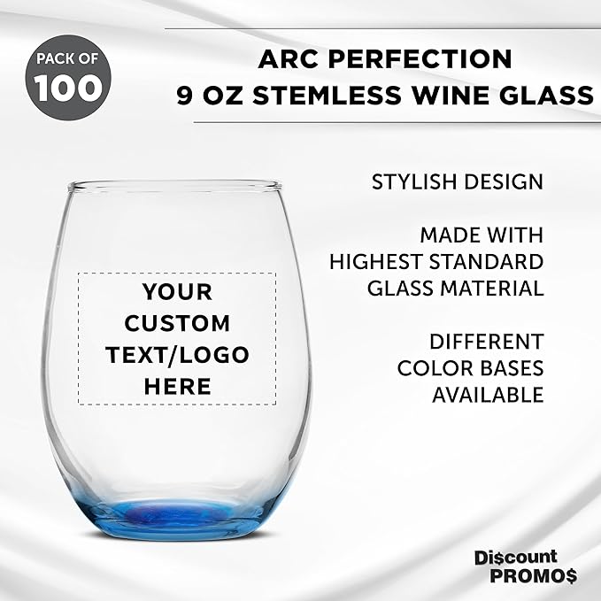 Custom Stemless Wine Glass 9 oz. Set of 100, Personalized Bulk Pack - Great for Wedding Favors, Bachelorette Party Decorations, Party Favors, Color Bottom - Blue